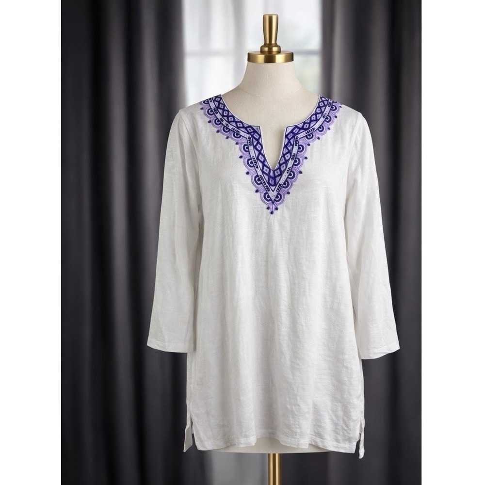 Talbots Popover Top Embroidered V Neck 3/4 Sleeve 100% Cotton Size Large Petite